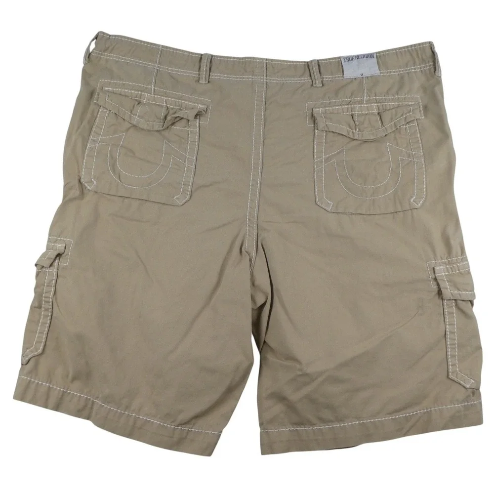 True Religion Shorts Mens 50 Tan Cargo Cotton Drawstring Flap Pocket Utility EUC